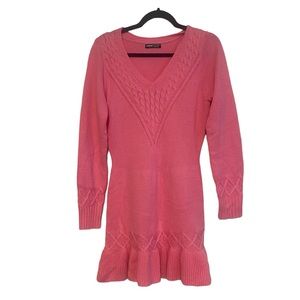 Cable Knit Ruffle Hem Sweater Dress Pink - Large